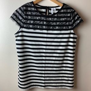 ELLE Black and White Striped Lace Top
